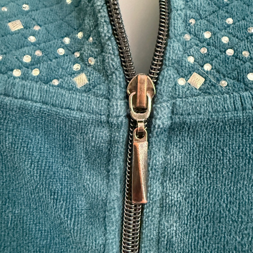 Vtg Onque Casual Teal Blue Velour Zip Up Jacket L Rhinestone Quilted 90s Y2K - Picture 8 of 10